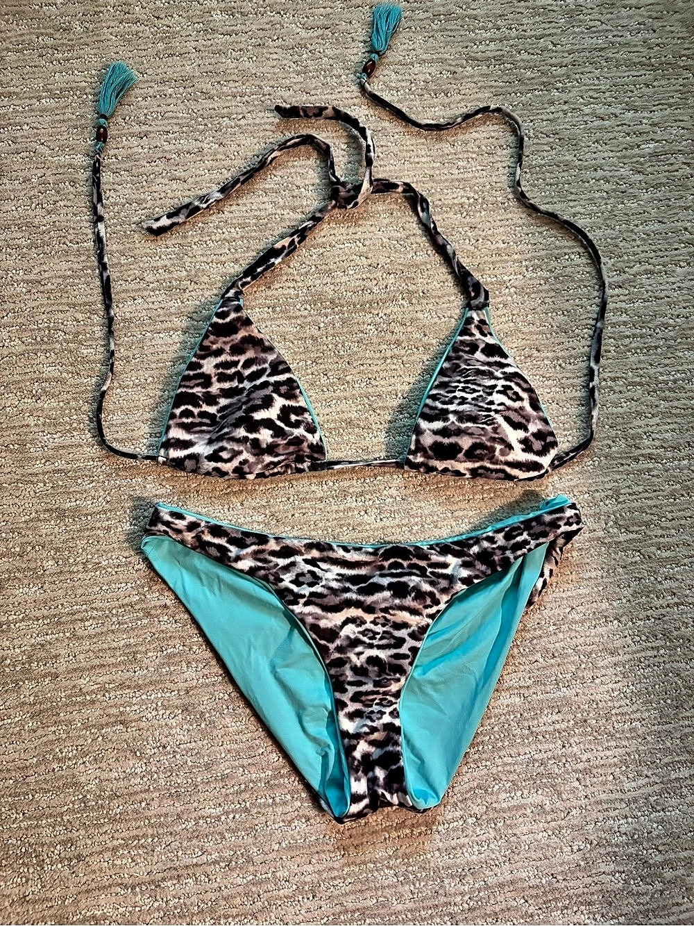 Reversible String Leopard & Turquoise Bikini Set
